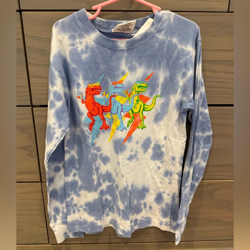 New w Tags Bottlecaps Blue Tie Dye Dinosaurs Long Sleeve T Shirt size 5/6 Medium